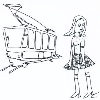 Zeichnung Sabine Kurpiers - Stilübungen, musikalisch - Mädchen im Schottenrock ernst blickend vor Straßenbahn